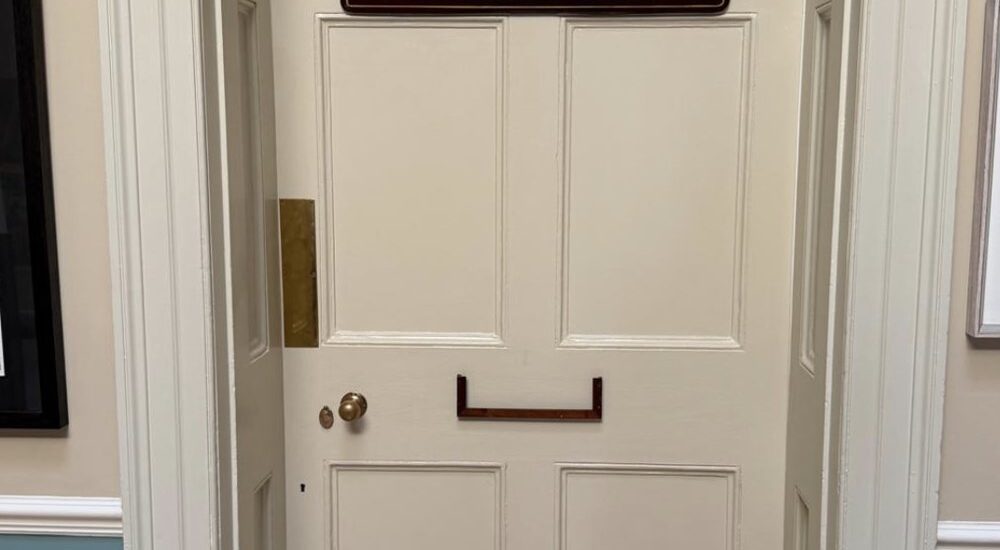 Craigmyle Room heritage door, remediated and reinstated, with engraved nameplate