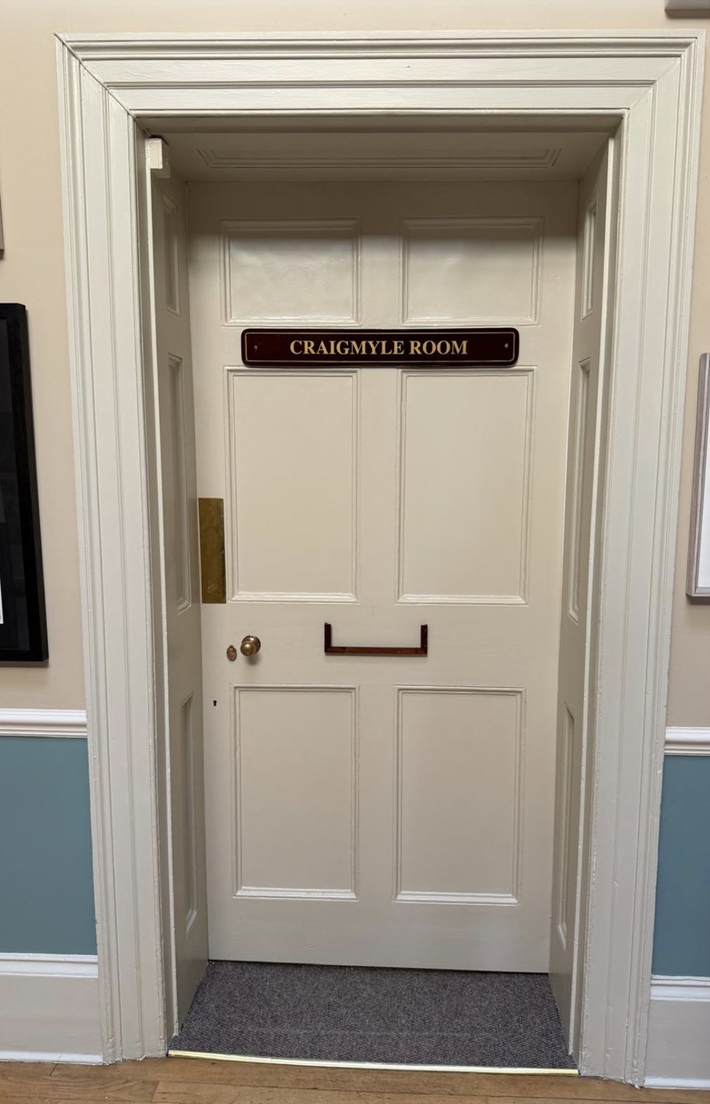 Craigmyle Room heritage door, remediated and reinstated, with engraved nameplate