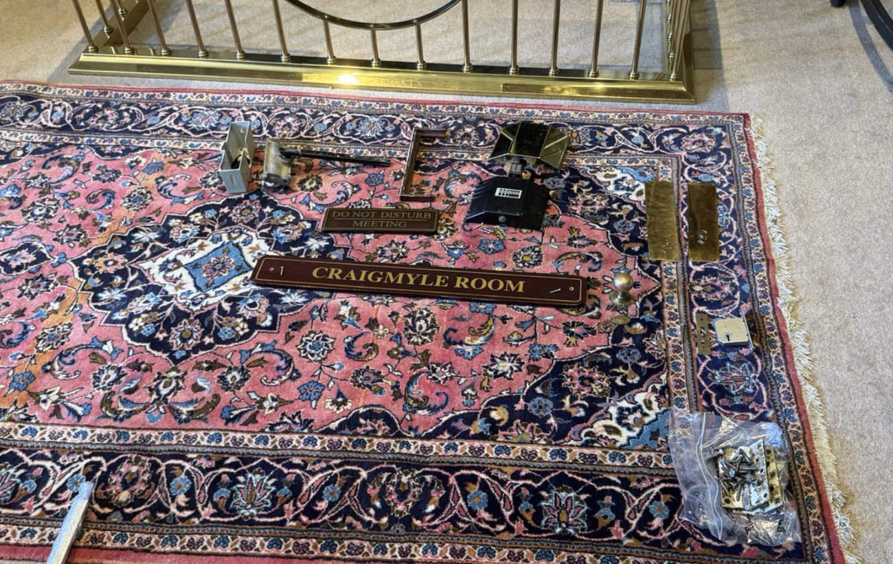 Original Craigmyle ironmongery removed, cleaned and set aside for reuse